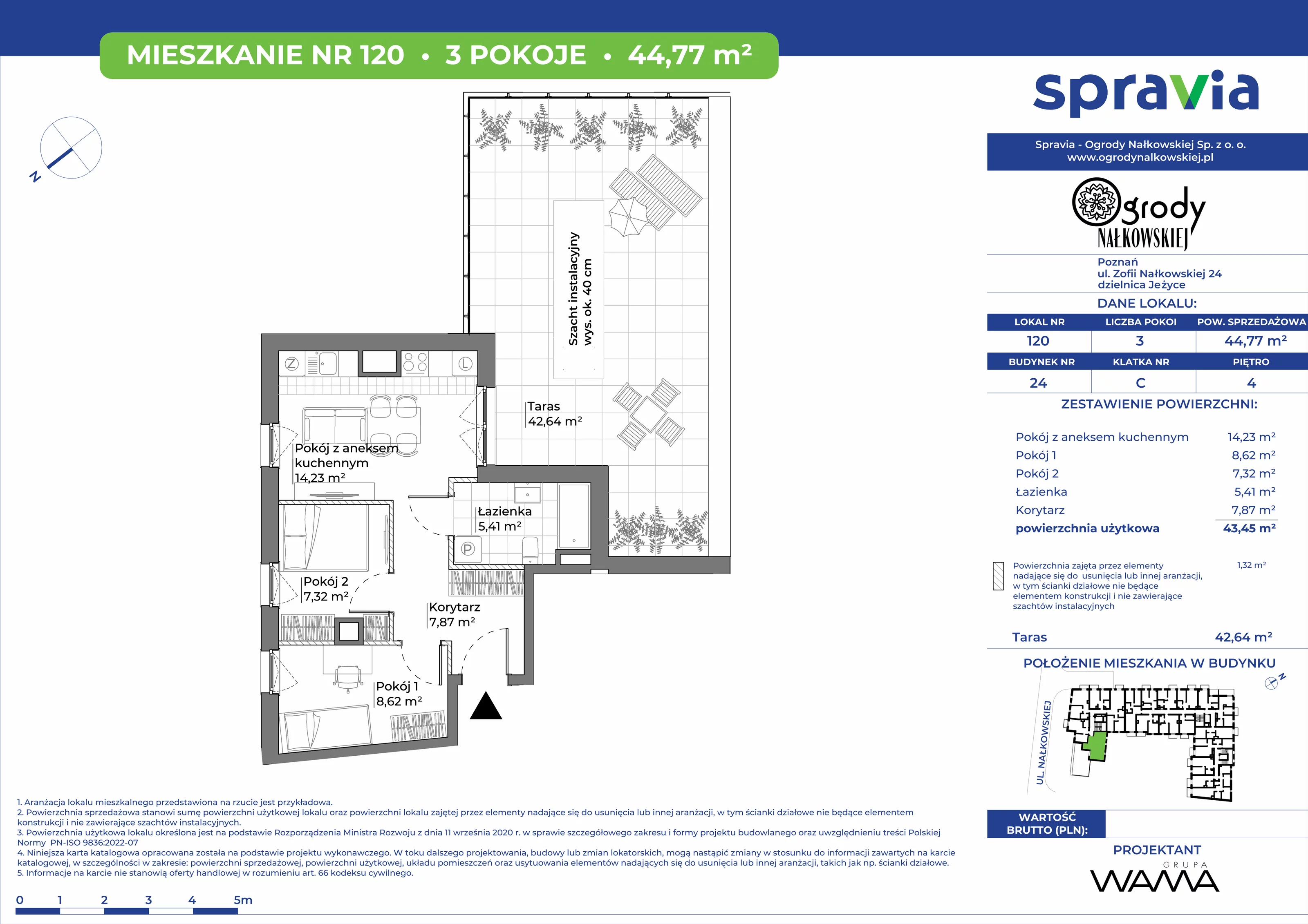 3 pokoje, mieszkanie 44,77 m², piętro 4, oferta nr 24-120, Ogrody Nałkowskiej, Poznań, Ogrody, ul. Nałkowskiej 24, 26